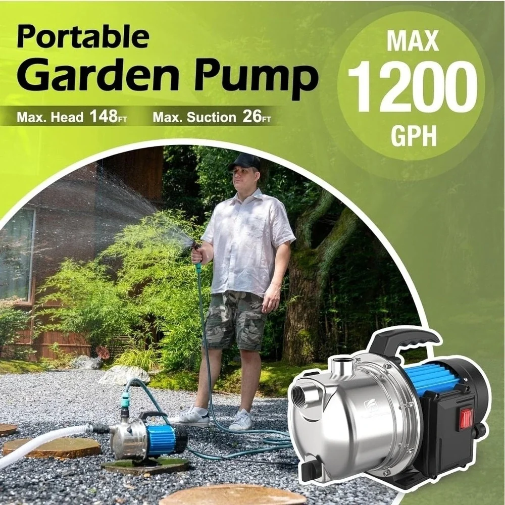 FLUENTPOWER Shallow Well/Deep Garden Pump, 1.5HP 1200GPH Portable Water Booster
